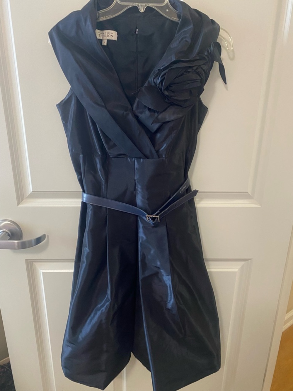 Teri Jon Navy Designer Rosetta Semi Formal Luxury Dress with Belt
